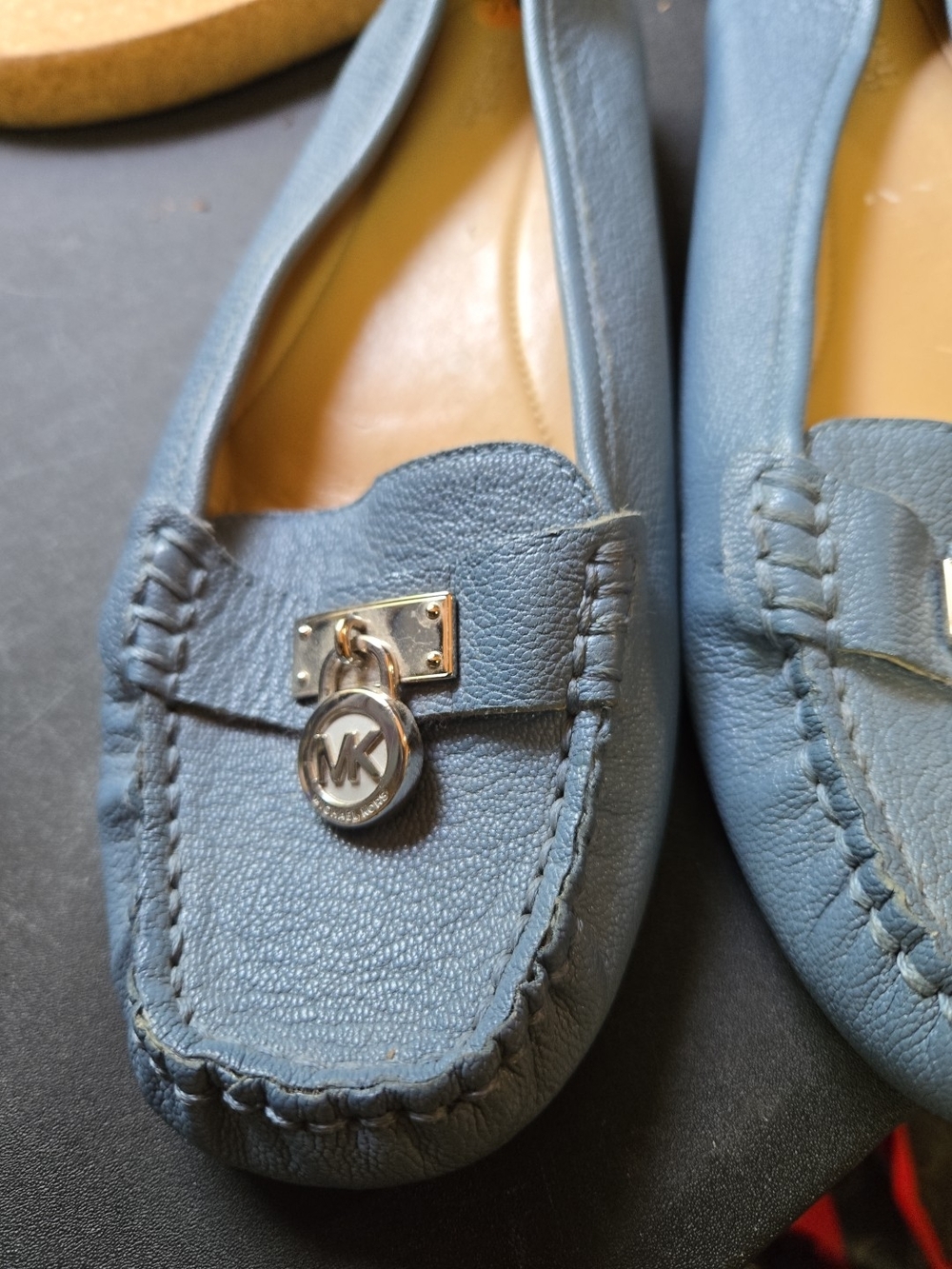 Michael Kors Light Blue Leather Moccasins with Gold MK Charm - Picture 2 of 6